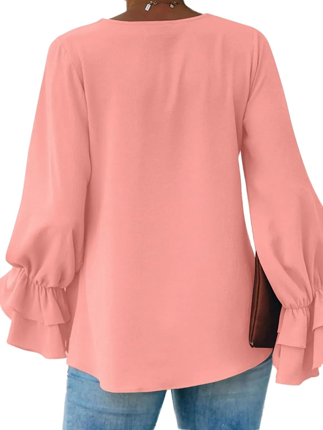 OPOIPIN Women's Casual Tiered Ruffle Bell Long Sleeve Round Neck Blouse Shirt Top