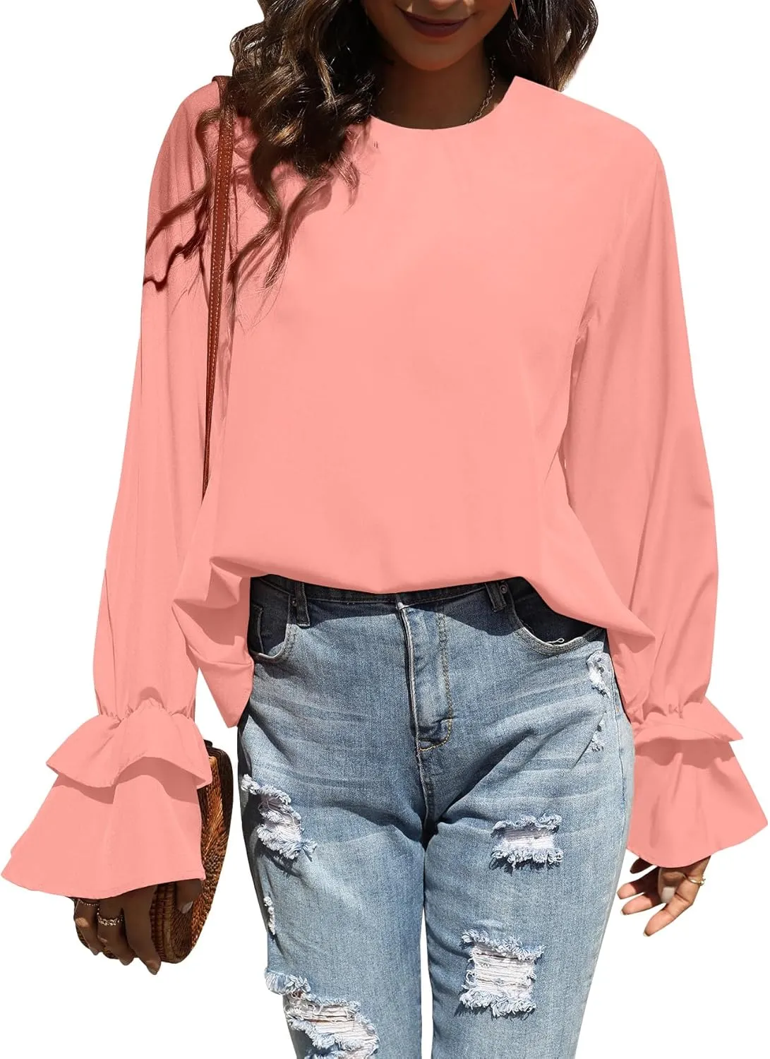 OPOIPIN Women's Casual Tiered Ruffle Bell Long Sleeve Round Neck Blouse Shirt Top