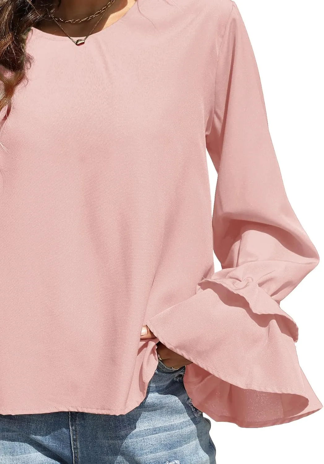 OPOIPIN Women's Casual Tiered Ruffle Bell Long Sleeve Round Neck Blouse Shirt Top