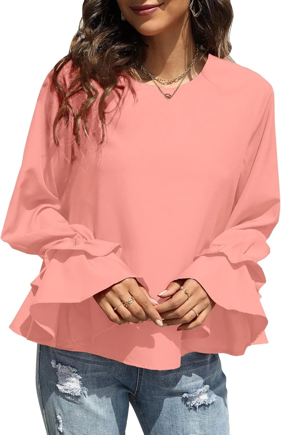 OPOIPIN Women's Casual Tiered Ruffle Bell Long Sleeve Round Neck Blouse Shirt Top