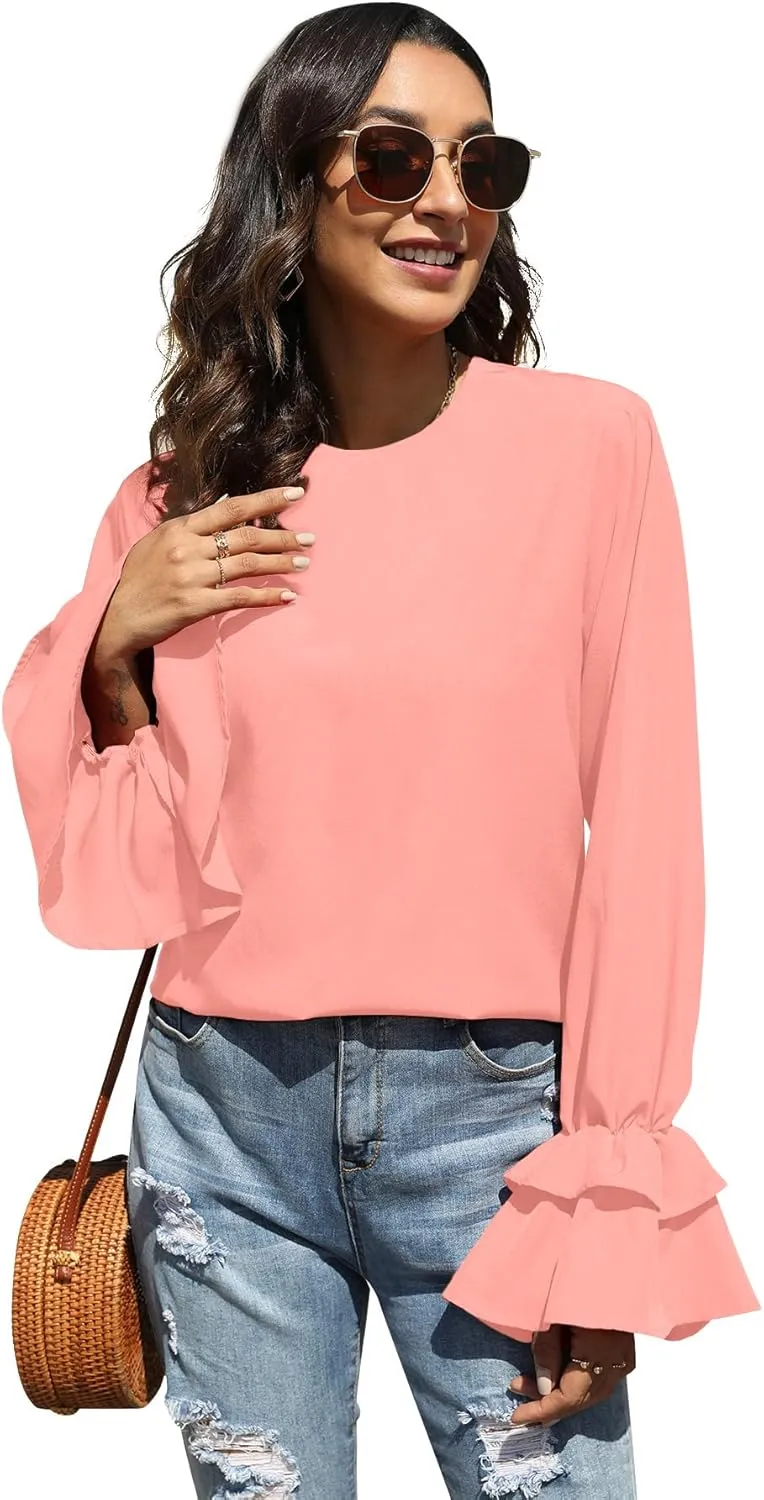 OPOIPIN Women's Casual Tiered Ruffle Bell Long Sleeve Round Neck Blouse Shirt Top