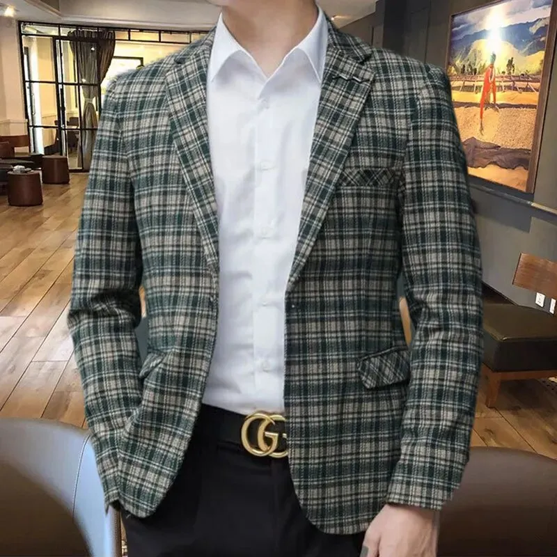 Plaid Contrast Color Polyester Blazer