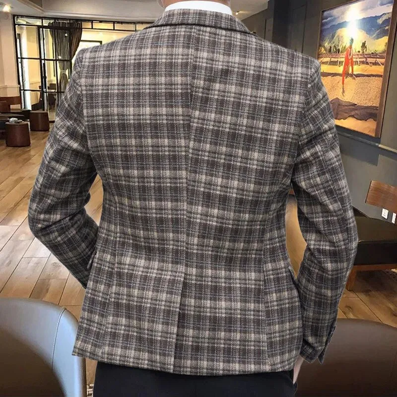 Plaid Contrast Color Polyester Blazer