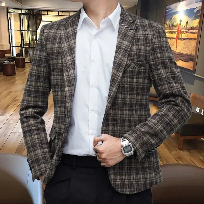 Plaid Contrast Color Polyester Blazer