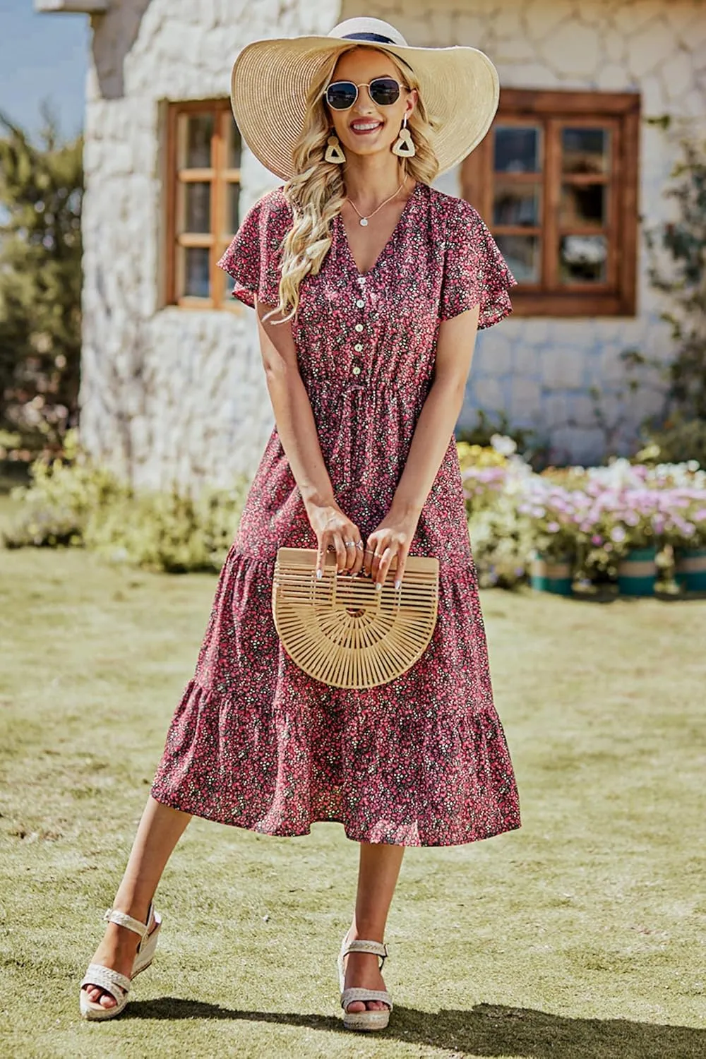 PRETTYGARDEN Summer Floral Dress for Women 2025 Casual Boho Short Sleeve Maxi Dresses V Neck Tiered Flowy Beach Sundress