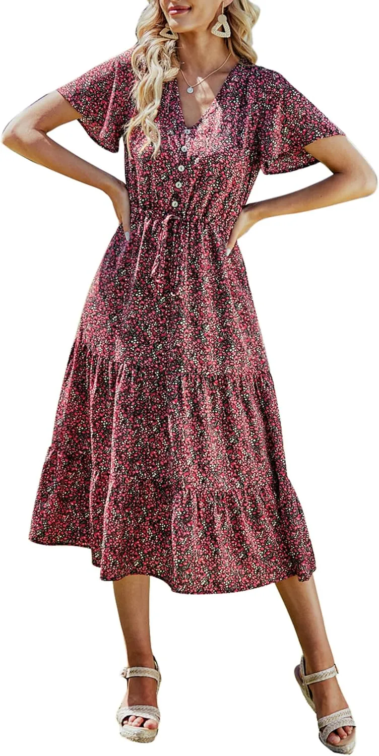 PRETTYGARDEN Summer Floral Dress for Women 2025 Casual Boho Short Sleeve Maxi Dresses V Neck Tiered Flowy Beach Sundress