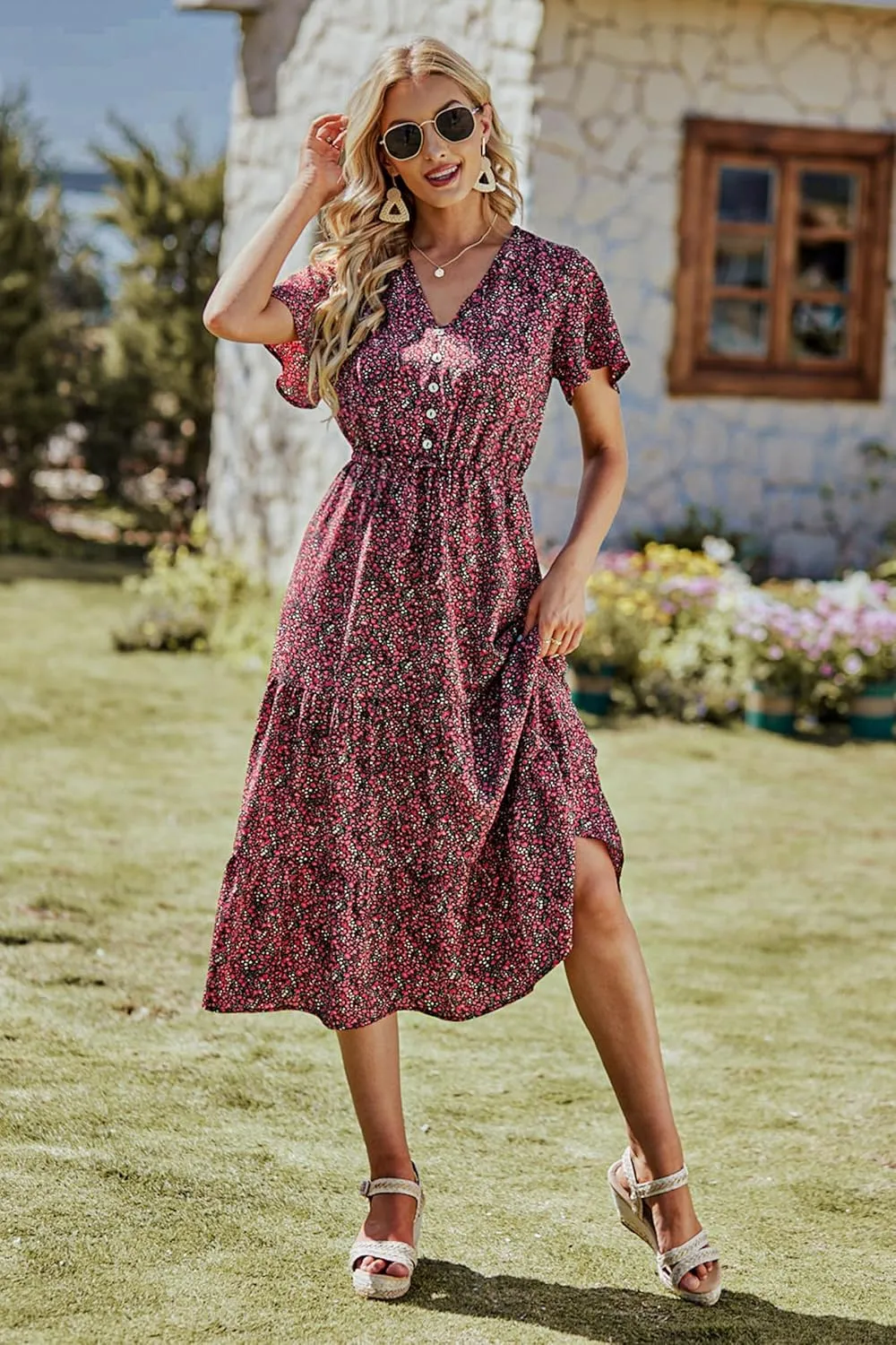 PRETTYGARDEN Summer Floral Dress for Women 2025 Casual Boho Short Sleeve Maxi Dresses V Neck Tiered Flowy Beach Sundress