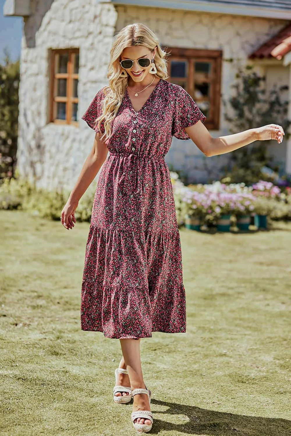 PRETTYGARDEN Summer Floral Dress for Women 2025 Casual Boho Short Sleeve Maxi Dresses V Neck Tiered Flowy Beach Sundress