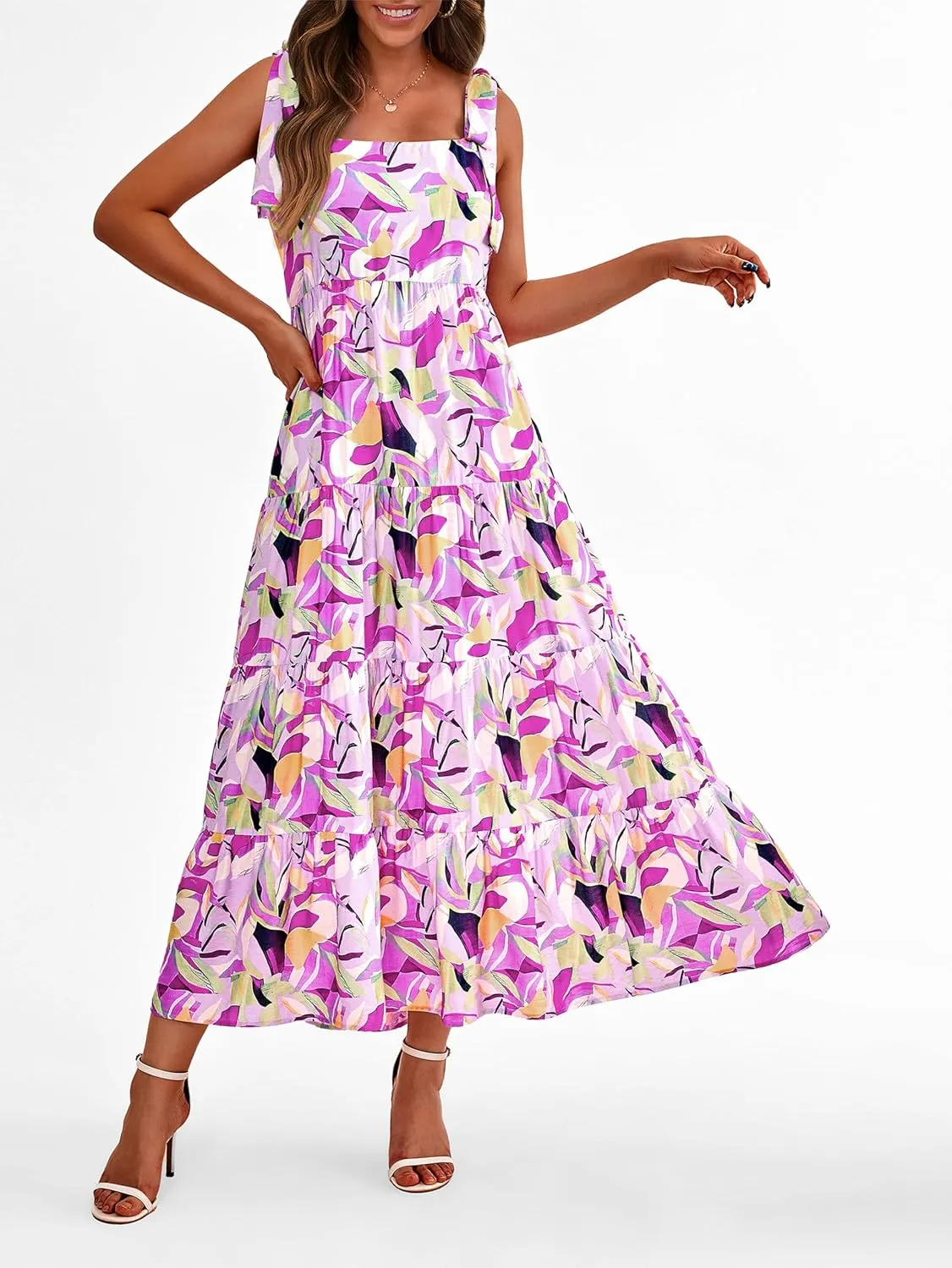 PRETTYGARDEN Women Dresses 2025 Summer Floral Sleeveless Maxi Dress Casual Spaghetti Strap Tiered Flowy Beach Long Dress