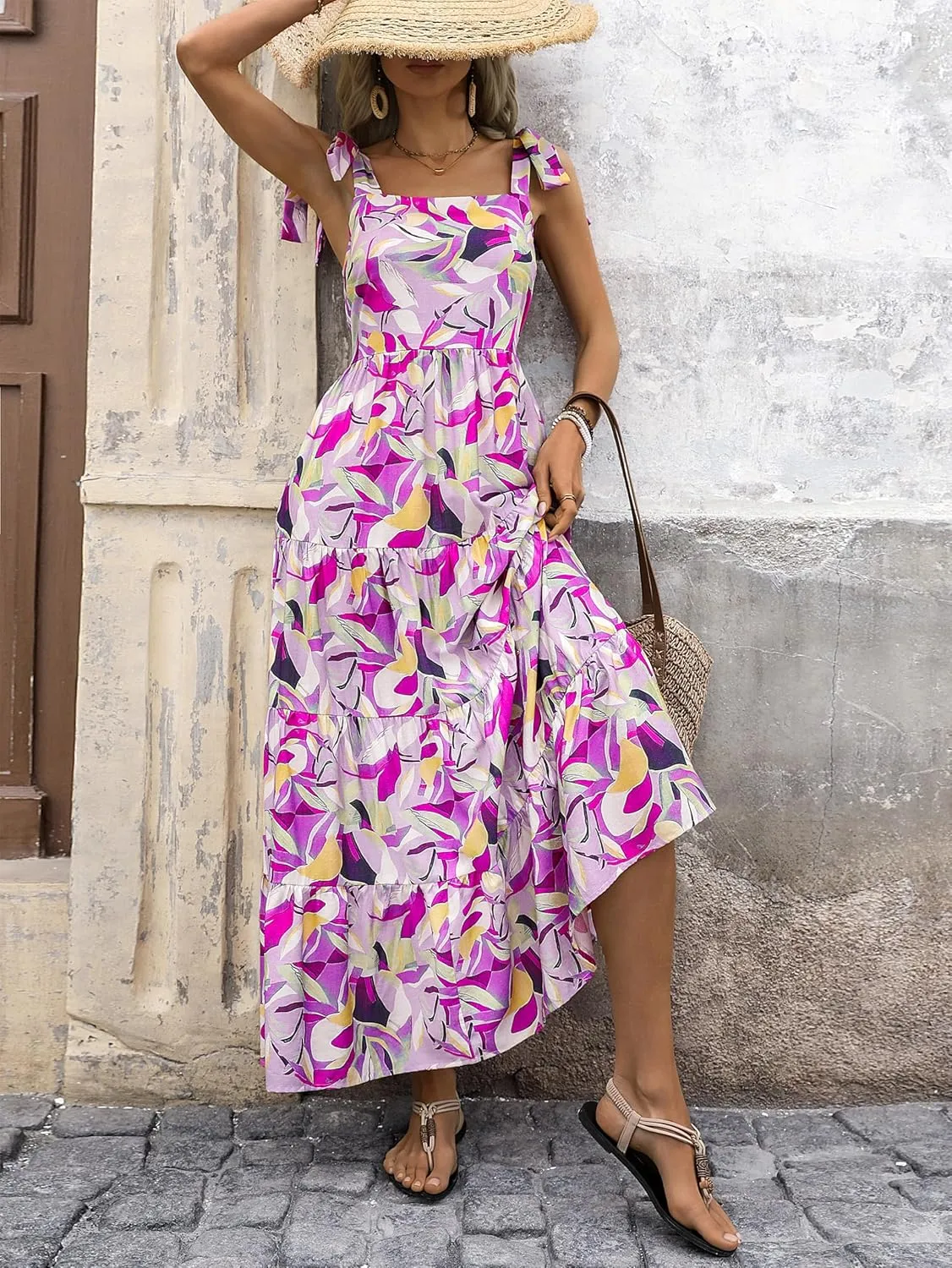 PRETTYGARDEN Women Dresses 2025 Summer Floral Sleeveless Maxi Dress Casual Spaghetti Strap Tiered Flowy Beach Long Dress