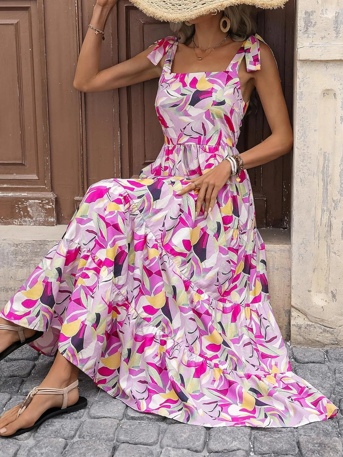 PRETTYGARDEN Women Dresses 2025 Summer Floral Sleeveless Maxi Dress Casual Spaghetti Strap Tiered Flowy Beach Long Dress