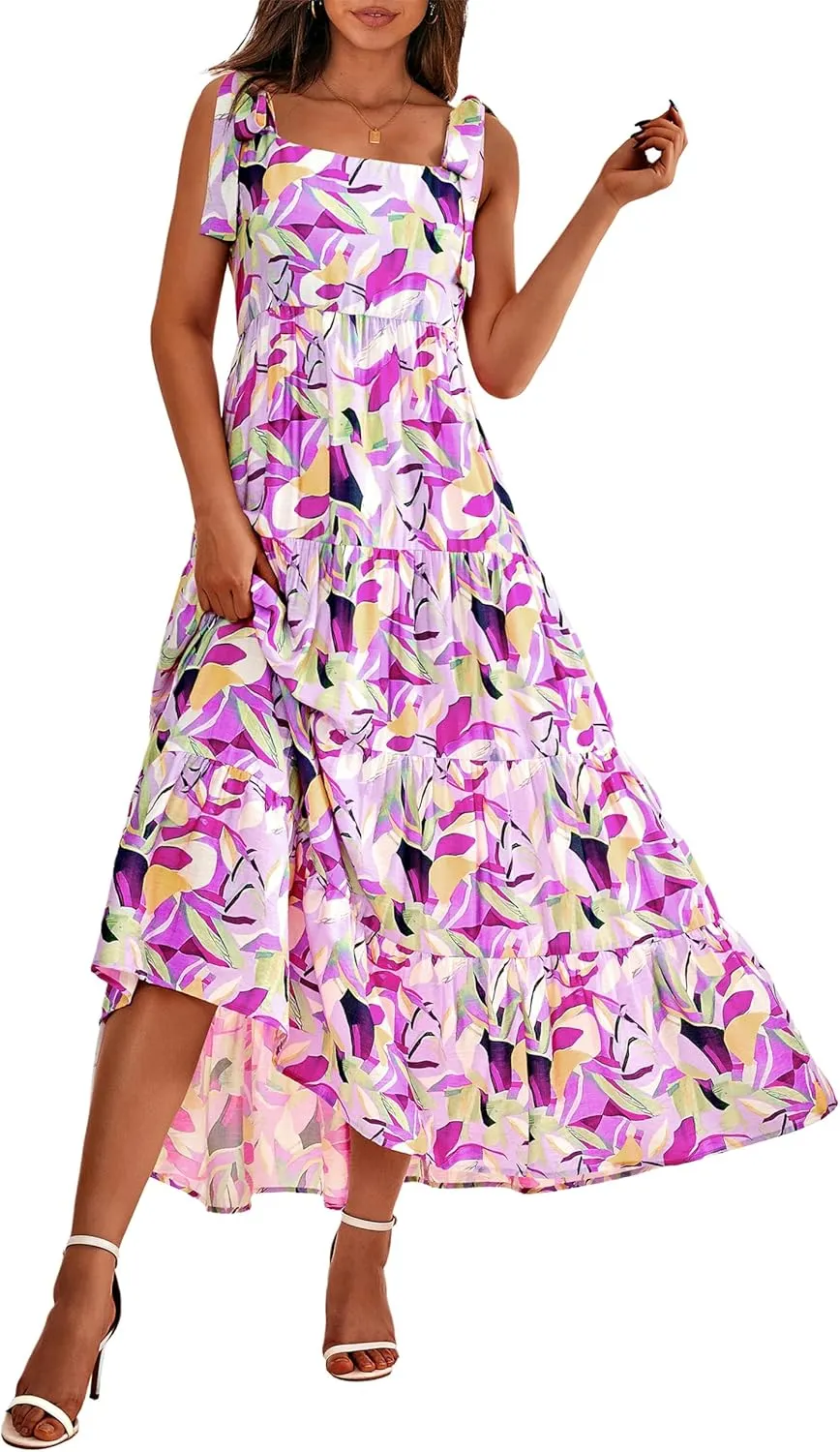 PRETTYGARDEN Women Dresses 2025 Summer Floral Sleeveless Maxi Dress Casual Spaghetti Strap Tiered Flowy Beach Long Dress