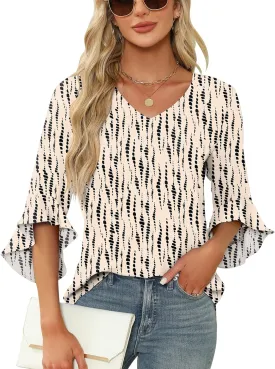 Qirno Chiffon Blouses for Women Ruffle 3/4 Sleeve Dressy V Neck Casual Flowy Tunic Tops