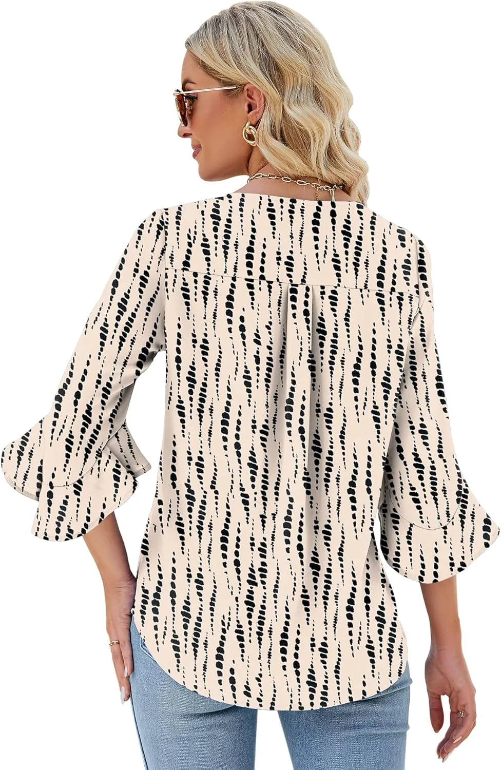 Qirno Chiffon Blouses for Women Ruffle 3/4 Sleeve Dressy V Neck Casual Flowy Tunic Tops