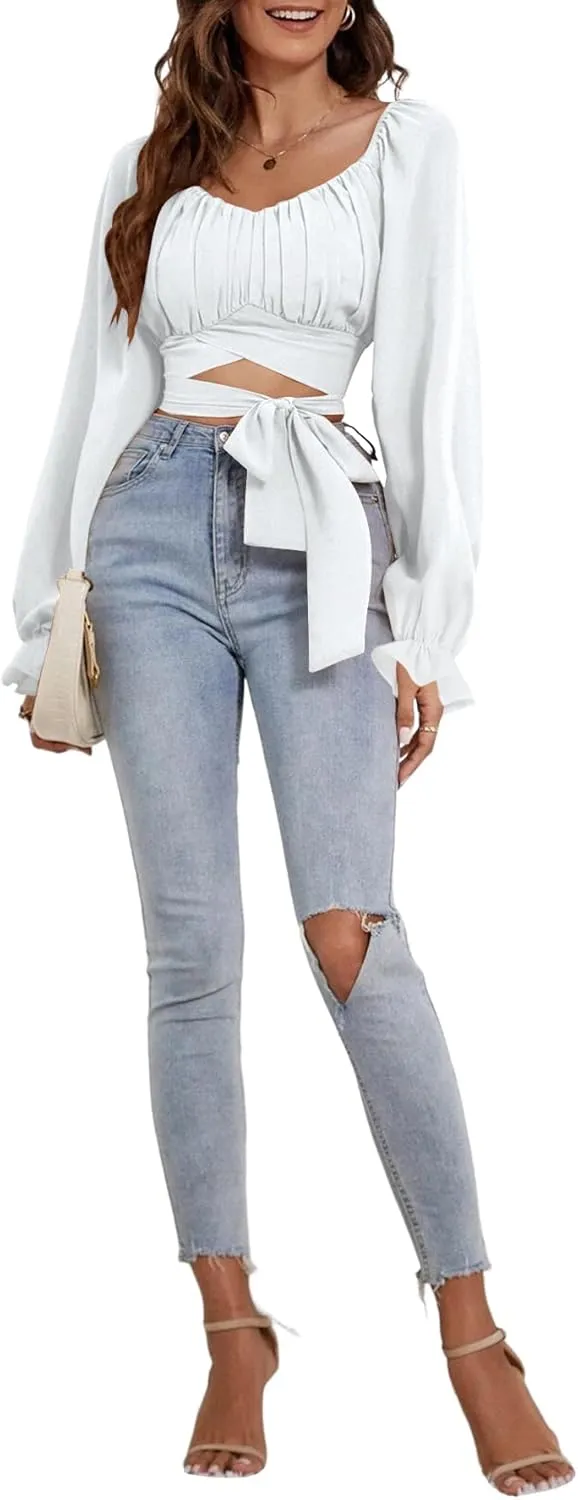 Rooscier Women's Ruched Wrap Square Neck Flounce Long Sleeve Self Tie Crop Top Blouse