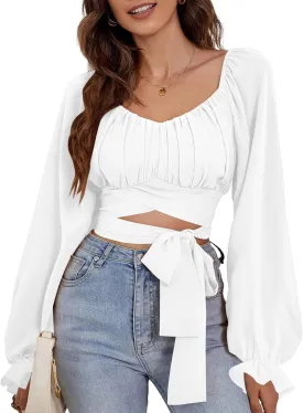 Rooscier Women's Ruched Wrap Square Neck Flounce Long Sleeve Self Tie Crop Top Blouse