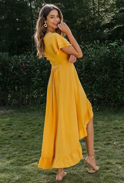 Ruffled hem V-neck casual maxi dress