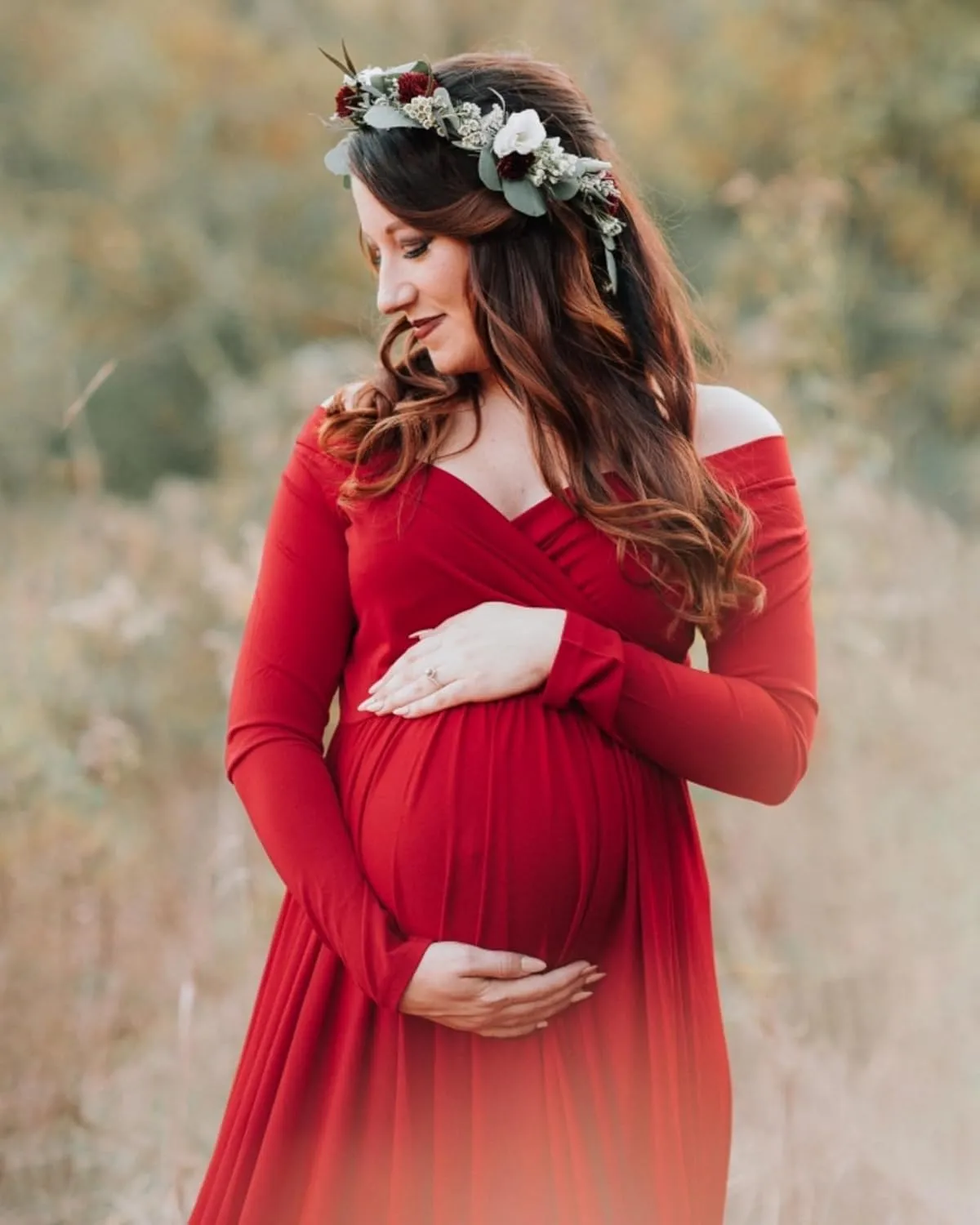 Saslax Maternity Off Shoulders Half Circle Gown for Baby Shower Photo Props Dress