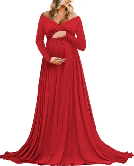 Saslax Maternity Off Shoulders Half Circle Gown for Baby Shower Photo Props Dress