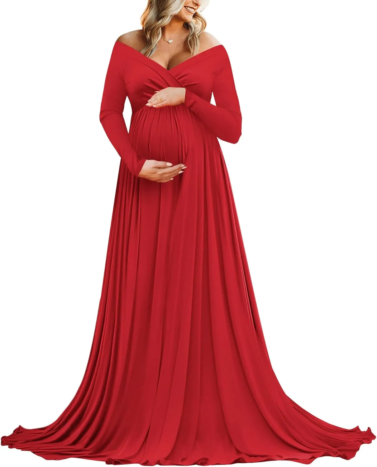 Saslax Maternity Off Shoulders Half Circle Gown for Baby Shower Photo Props Dress