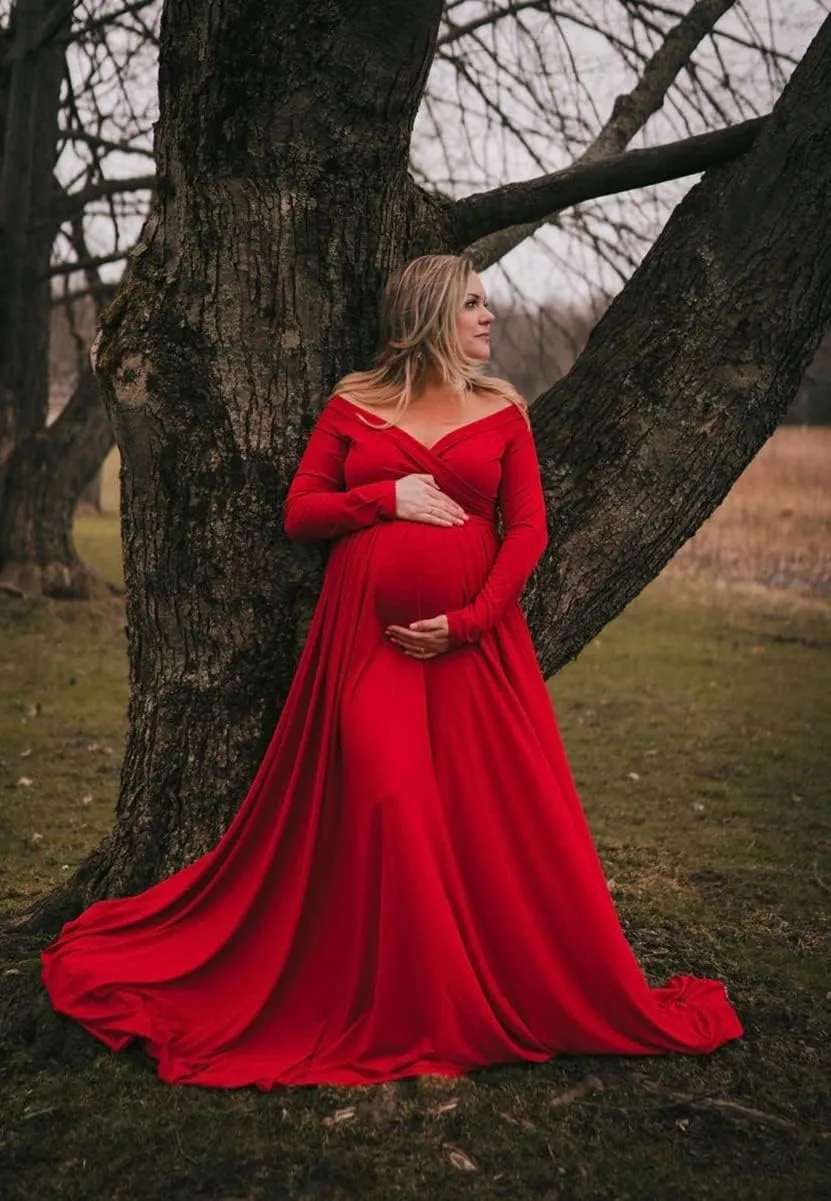 Saslax Maternity Off Shoulders Half Circle Gown for Baby Shower Photo Props Dress