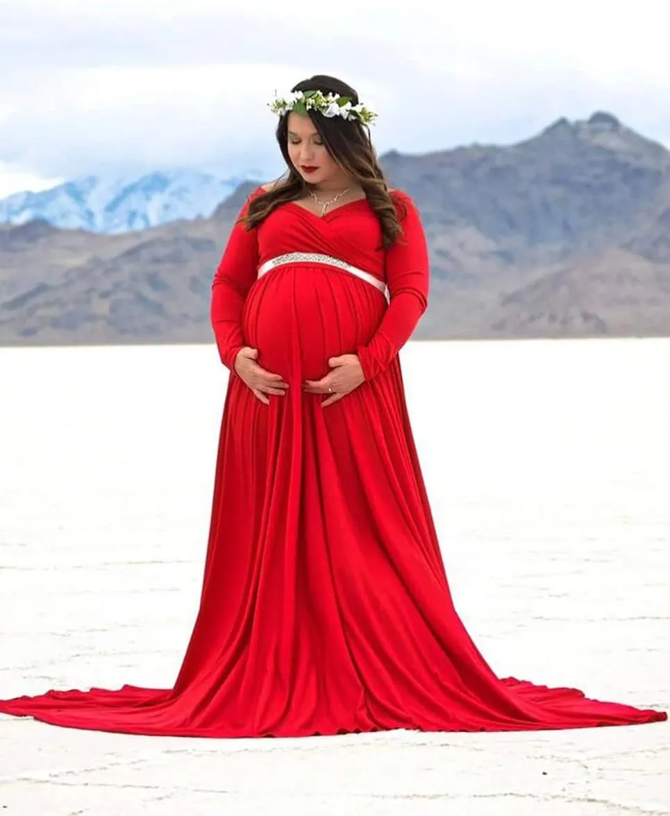Saslax Maternity Off Shoulders Half Circle Gown for Baby Shower Photo Props Dress