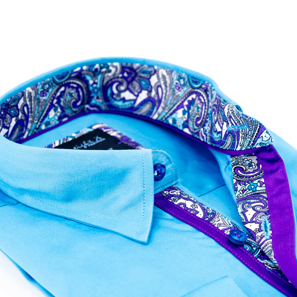 Solid Turquoise Shirt With Paisley Trim