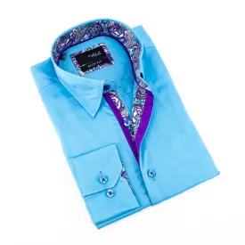 Solid Turquoise Shirt With Paisley Trim
