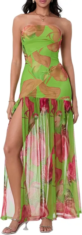 Strapless Dress for Women Y2K Sleeveless Backless Side Slit Tube Top Maxi Dress Beach Bandeau Sundress
