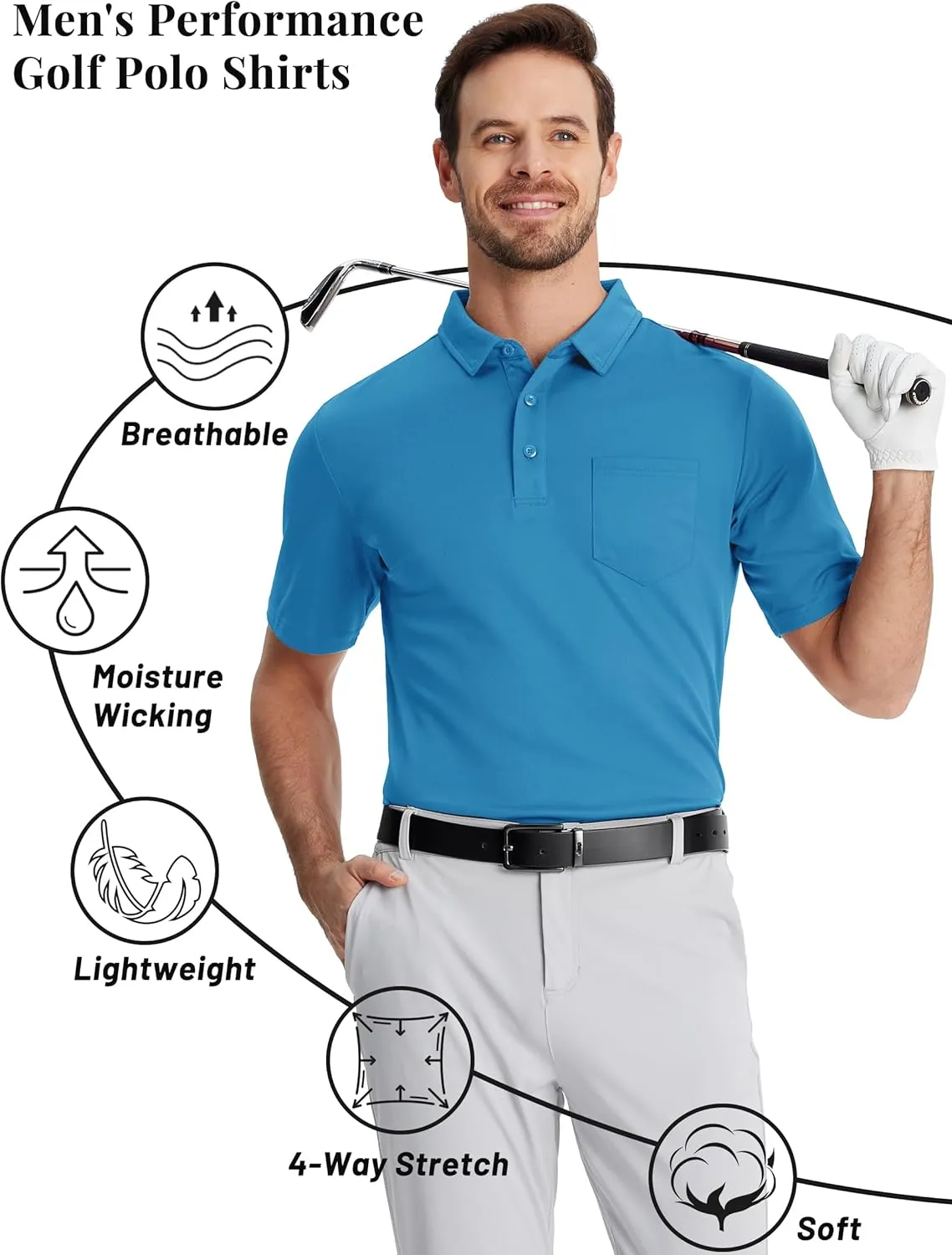 TACVASEN Mens Polo Shirt Short Sleeve Golf Shirt with Pocket Quick Dry Collared Lightweight Polo for Men Casual Work
