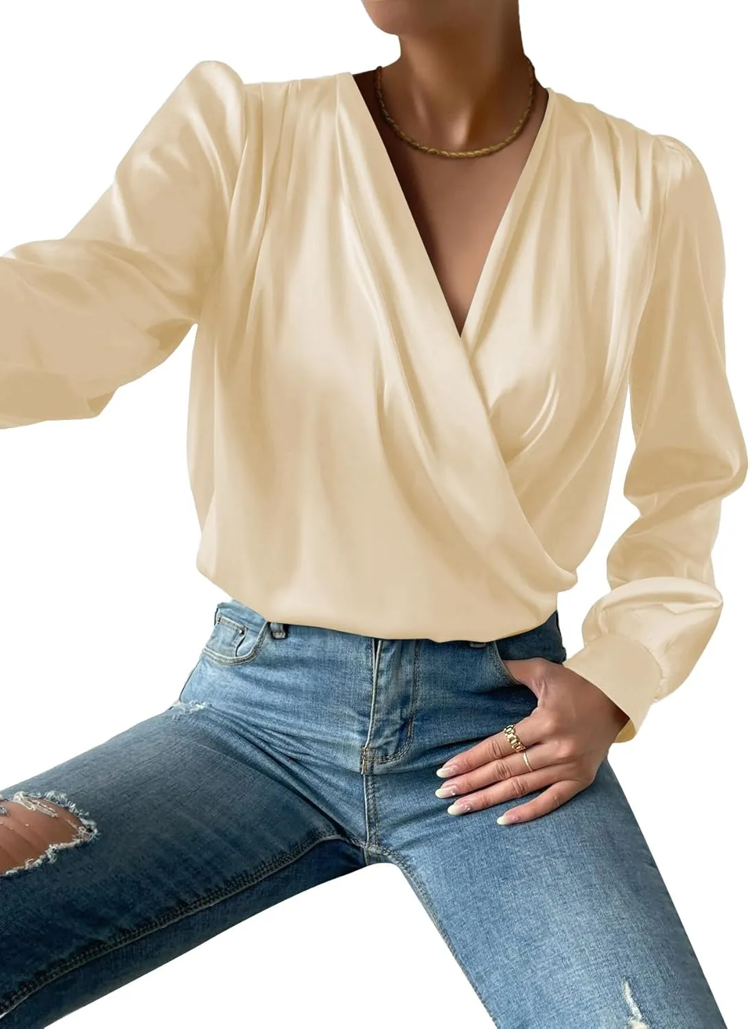 Vrtige Women's Satin Silky Draped Wrap V Neck Ruched Long Sleeve Blouse Shirt Top