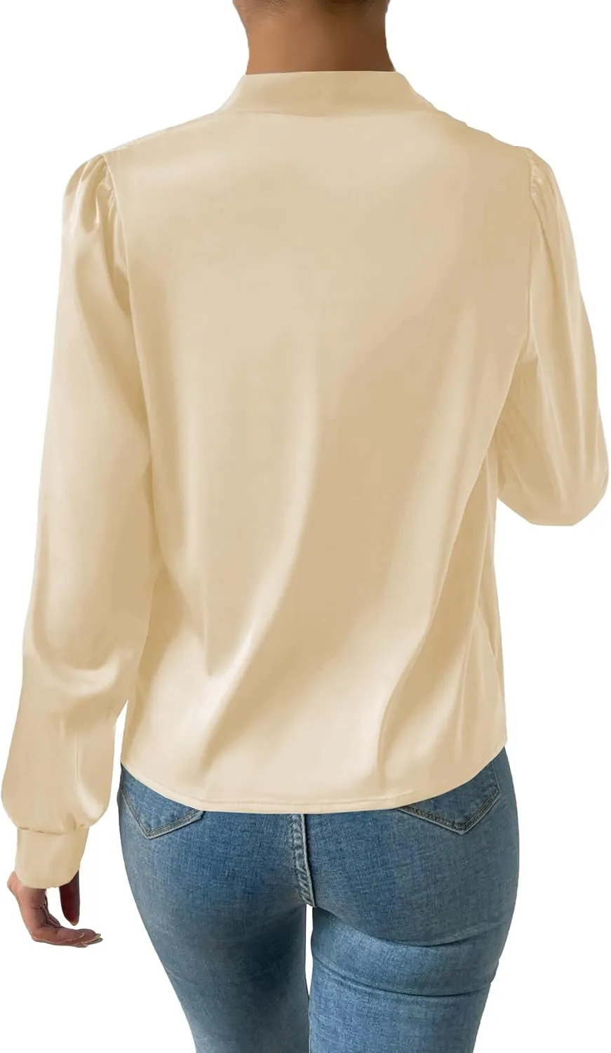 Vrtige Women's Satin Silky Draped Wrap V Neck Ruched Long Sleeve Blouse Shirt Top