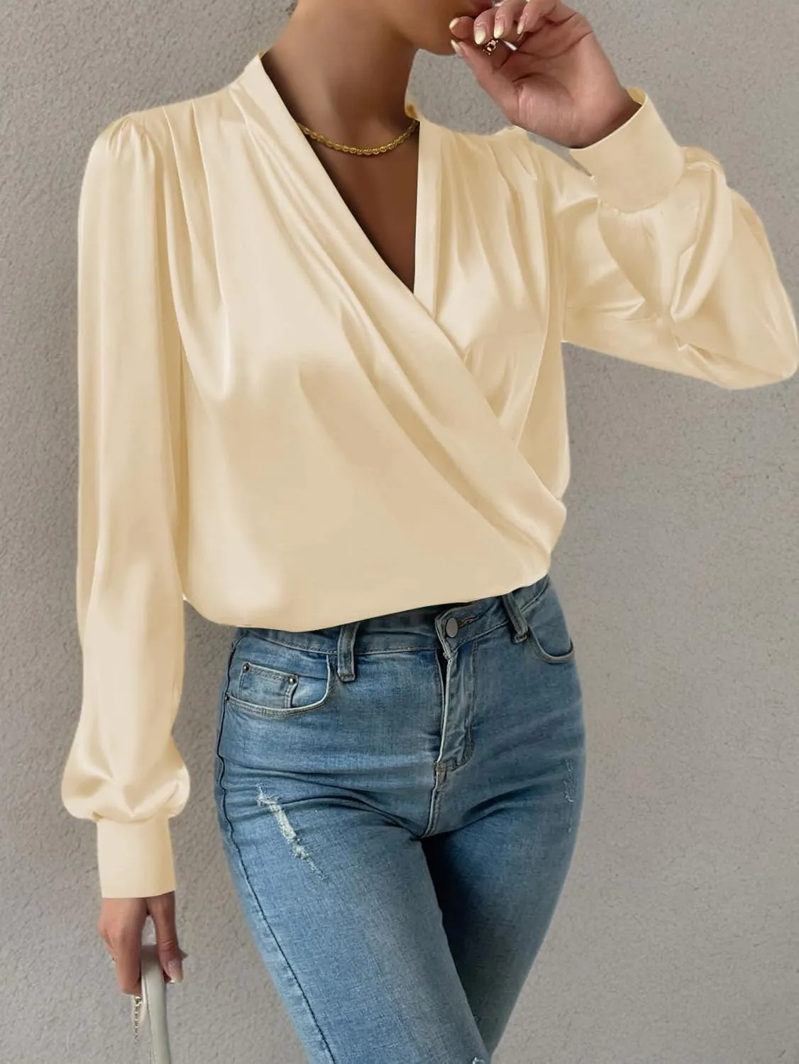 Vrtige Women's Satin Silky Draped Wrap V Neck Ruched Long Sleeve Blouse Shirt Top