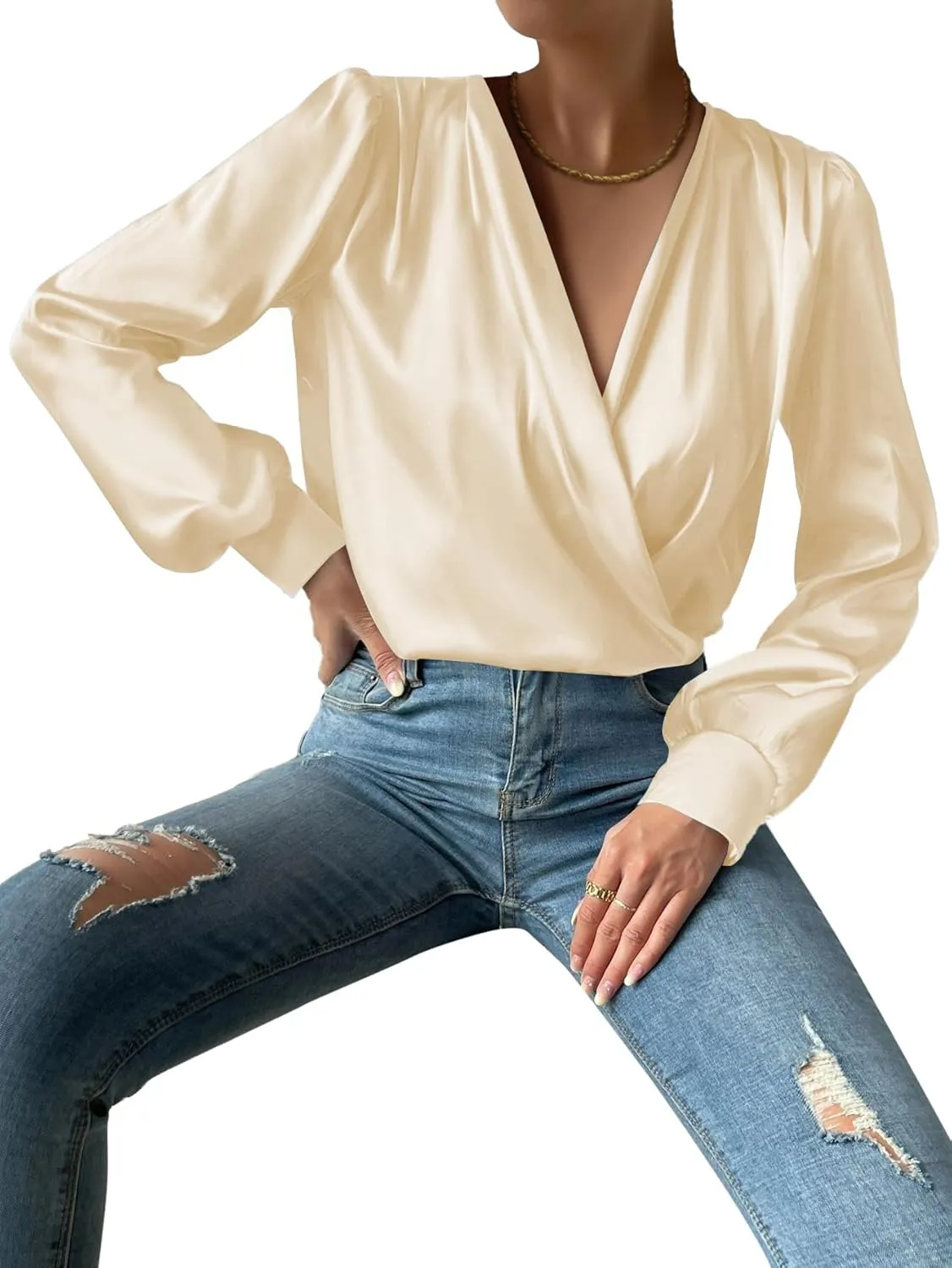Vrtige Women's Satin Silky Draped Wrap V Neck Ruched Long Sleeve Blouse Shirt Top