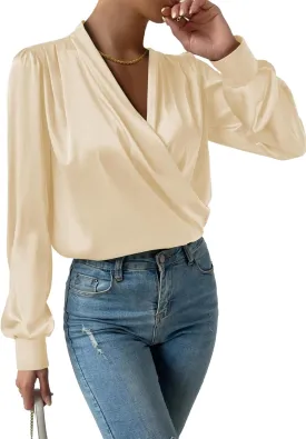 Vrtige Women's Satin Silky Draped Wrap V Neck Ruched Long Sleeve Blouse Shirt Top