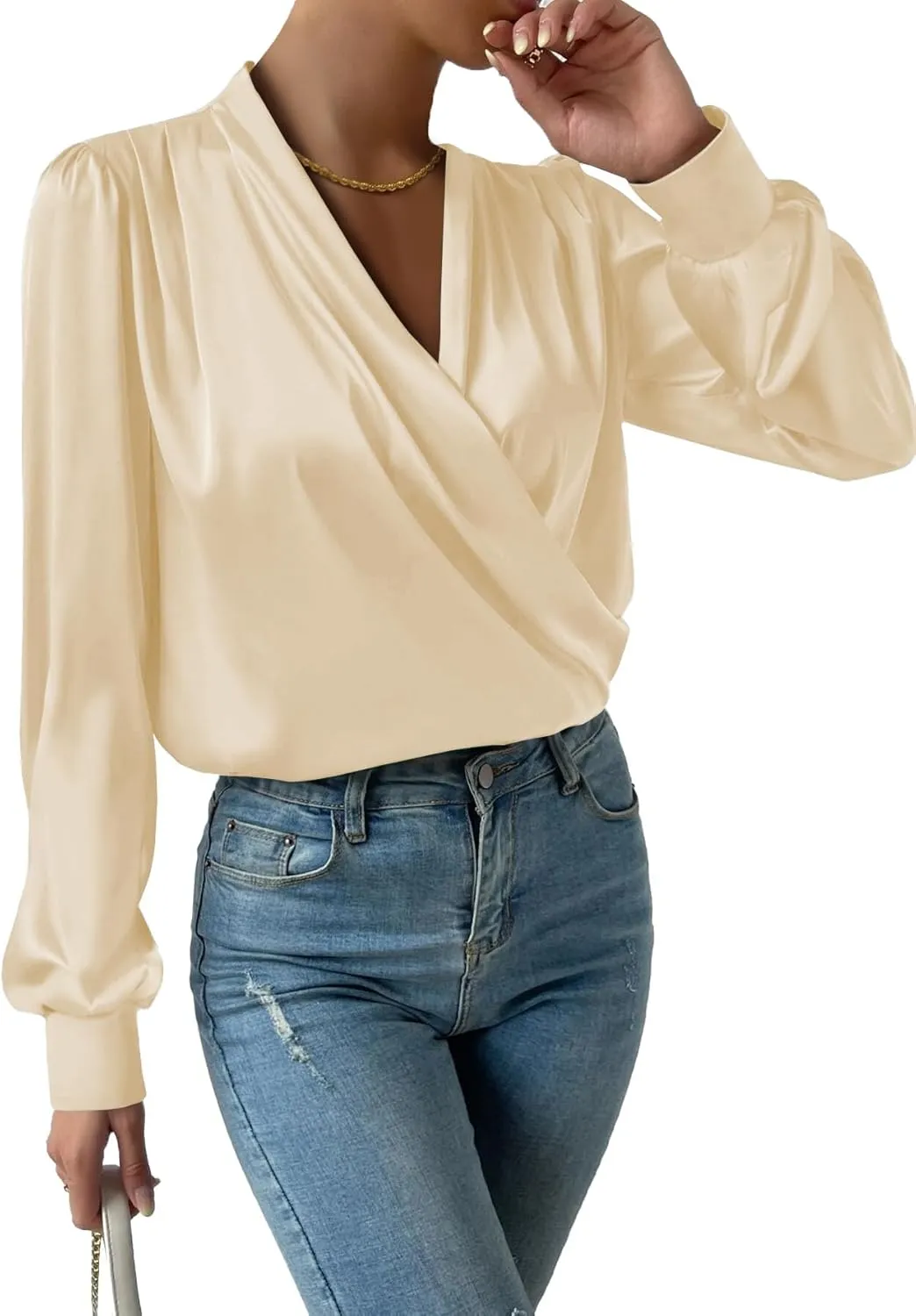 Vrtige Women's Satin Silky Draped Wrap V Neck Ruched Long Sleeve Blouse Shirt Top