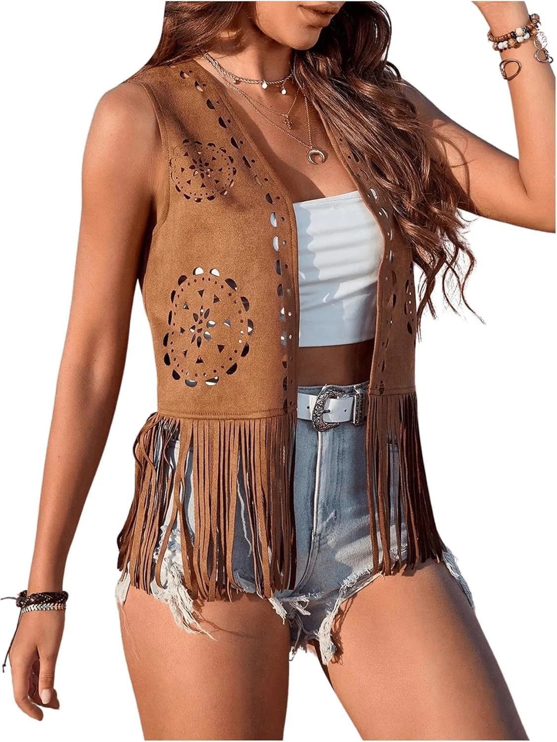 Women Fringe Vest 70s Hippie Costume Sleeveless Rivets Tassel Open Front Faux Suede Waistcoat Western Vest