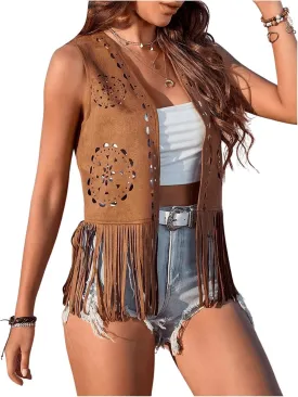 Women Fringe Vest 70s Hippie Costume Sleeveless Rivets Tassel Open Front Faux Suede Waistcoat Western Vest