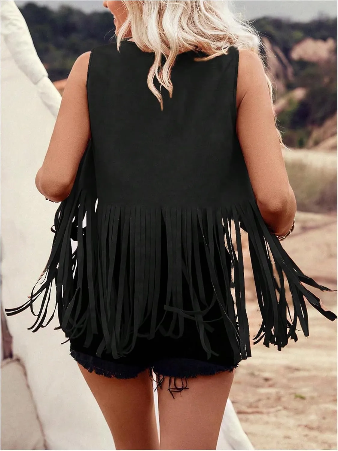 Women Plus Size Western Fringe Vest 60s 70s Hippie Faux Suede Cowboy Cowgirl Vest Sleeveless Open Front Jacket