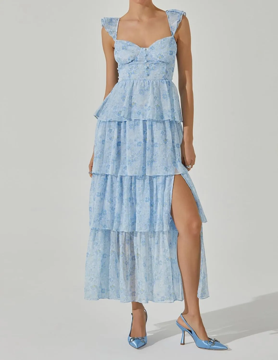 Women Tie Shoulder Boho Floral Maxi Dress Y2k Spaghetti Strap Flowy Long Dresses Summer Tiered Beach Sundress