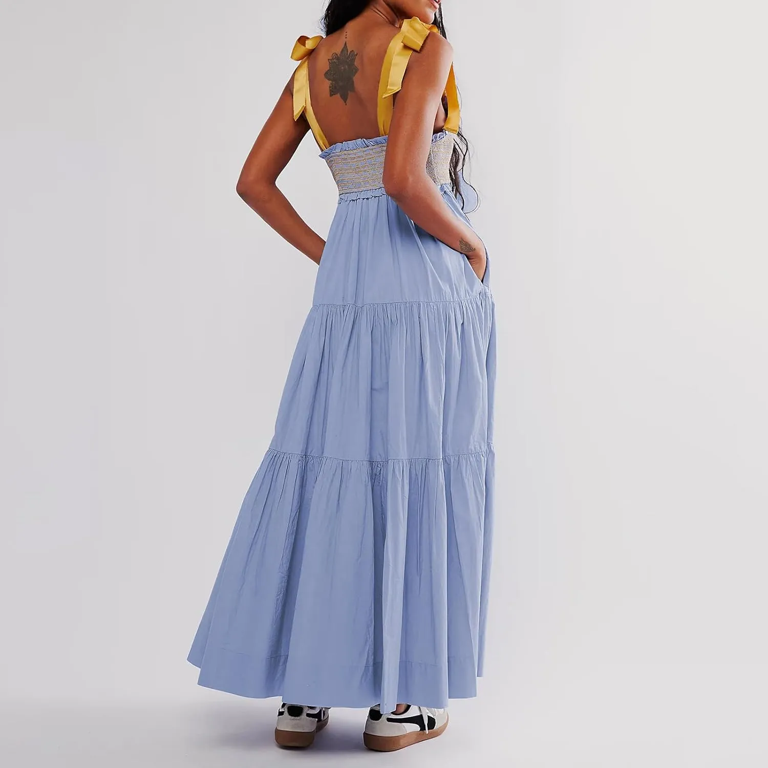 Women Tie Shoulder Maxi Dress Y2k Summer Floral Boho Long Dress Sleeveless Tiered Flowy Beach Sundress