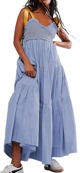 Women Tie Shoulder Maxi Dress Y2k Summer Floral Boho Long Dress Sleeveless Tiered Flowy Beach Sundress