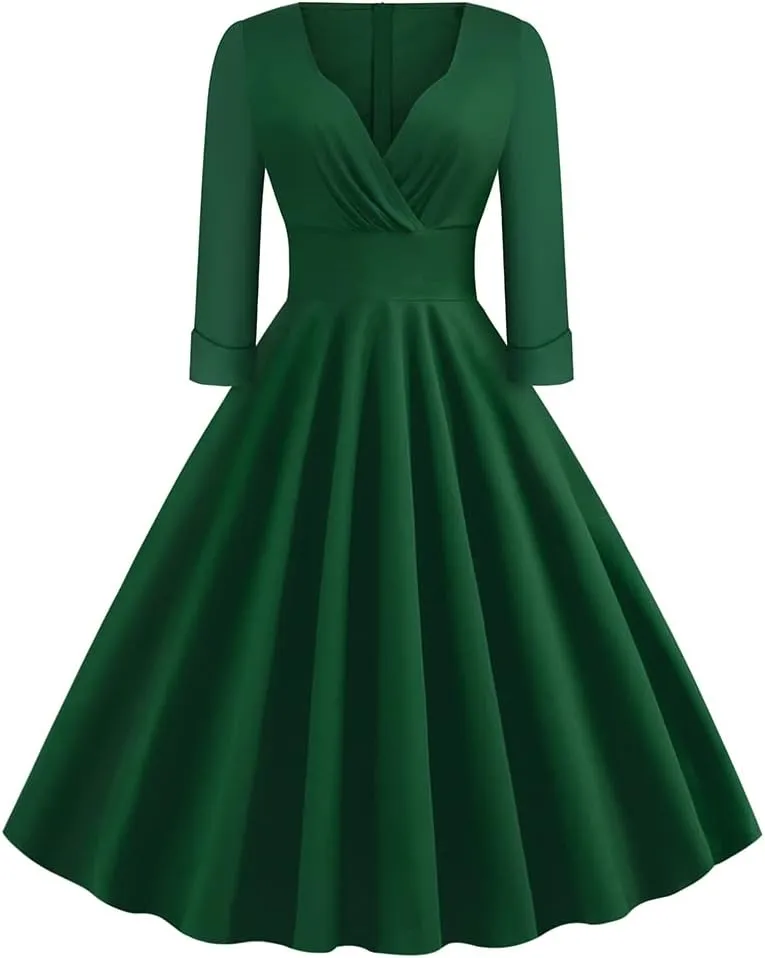 Women Vintage Off Shoulder Rose Embroidered Floral Evening Dress V Neck Short 3/4 Sleeves Wedding Cocktail A Line Midi Gown