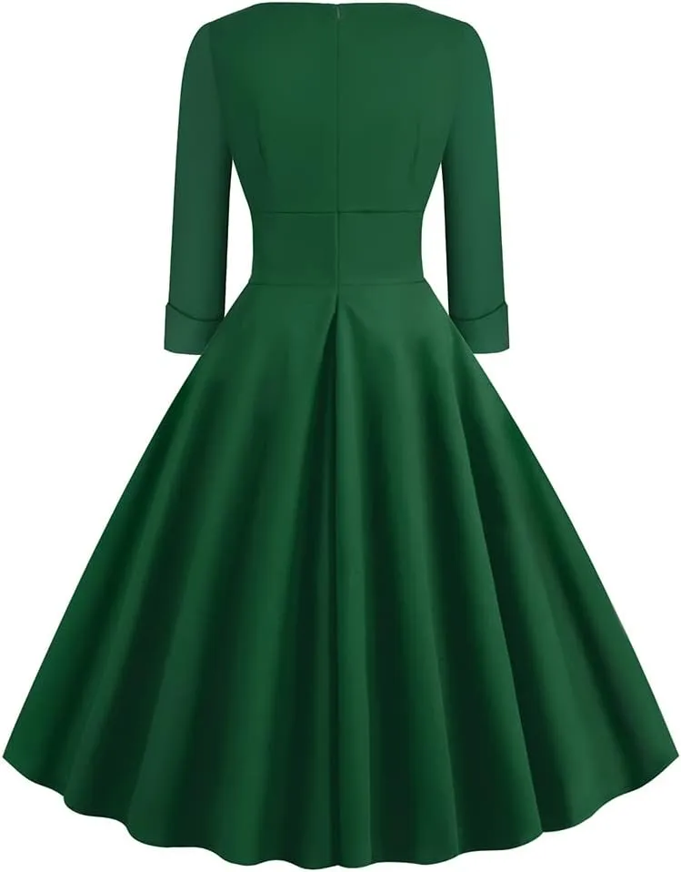 Women Vintage Off Shoulder Rose Embroidered Floral Evening Dress V Neck Short 3/4 Sleeves Wedding Cocktail A Line Midi Gown