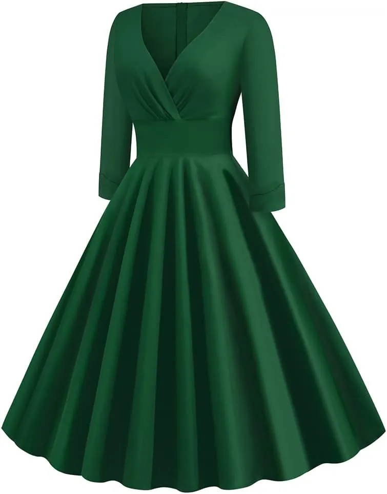 Women Vintage Off Shoulder Rose Embroidered Floral Evening Dress V Neck Short 3/4 Sleeves Wedding Cocktail A Line Midi Gown