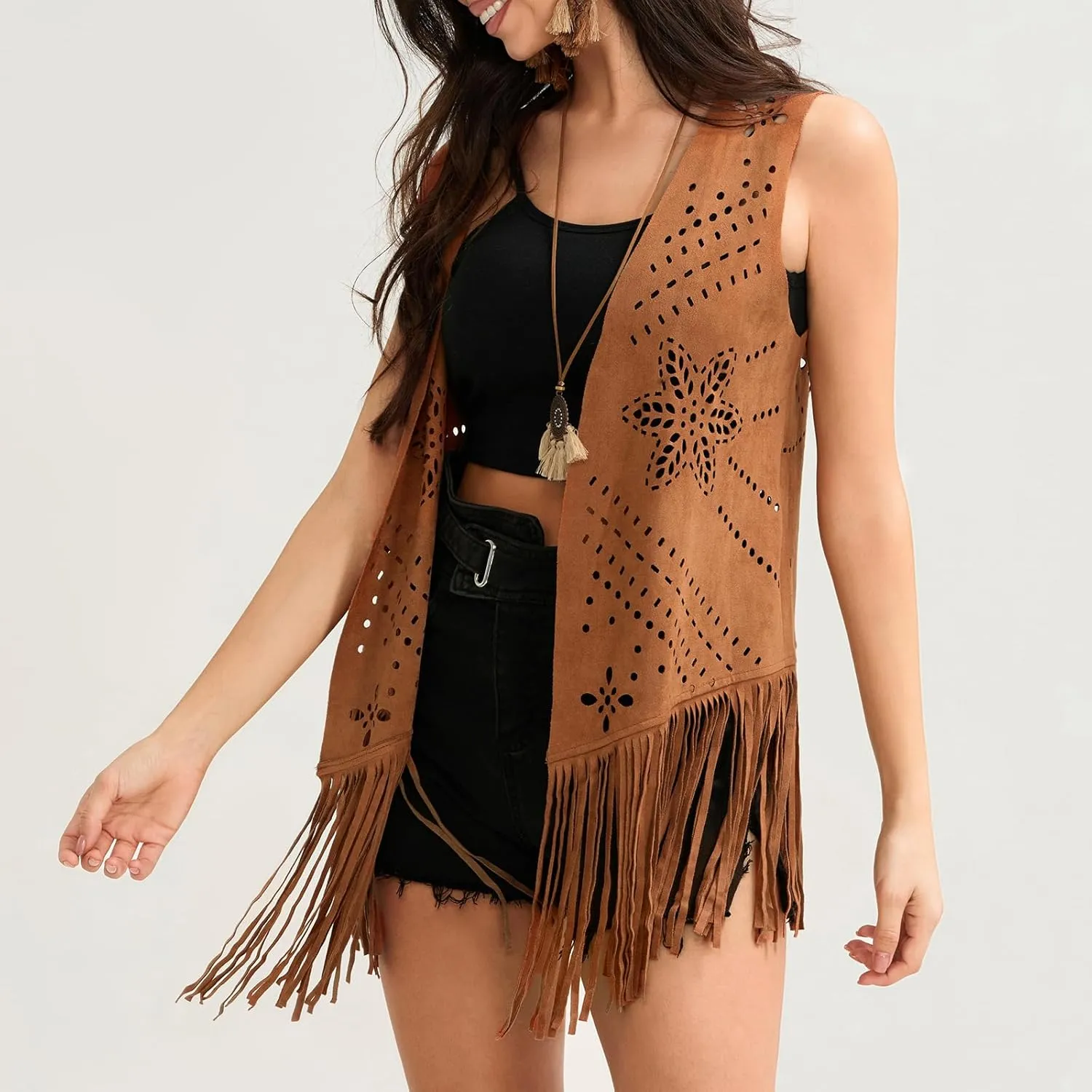 Women Vintage Western Fringe Vest Cowboy Cowgirl Clothes 70s Hippie Vest Tassel Country Concert Fringe Tops Shirts