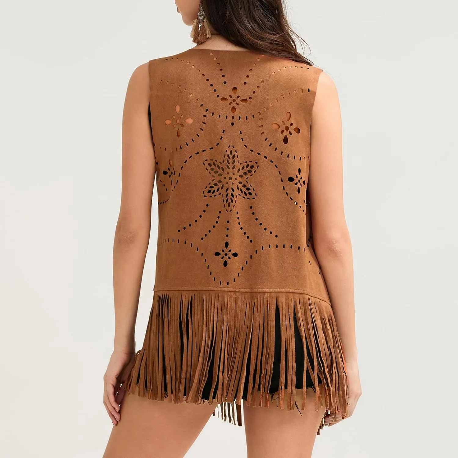 Women Vintage Western Fringe Vest Cowboy Cowgirl Clothes 70s Hippie Vest Tassel Country Concert Fringe Tops Shirts