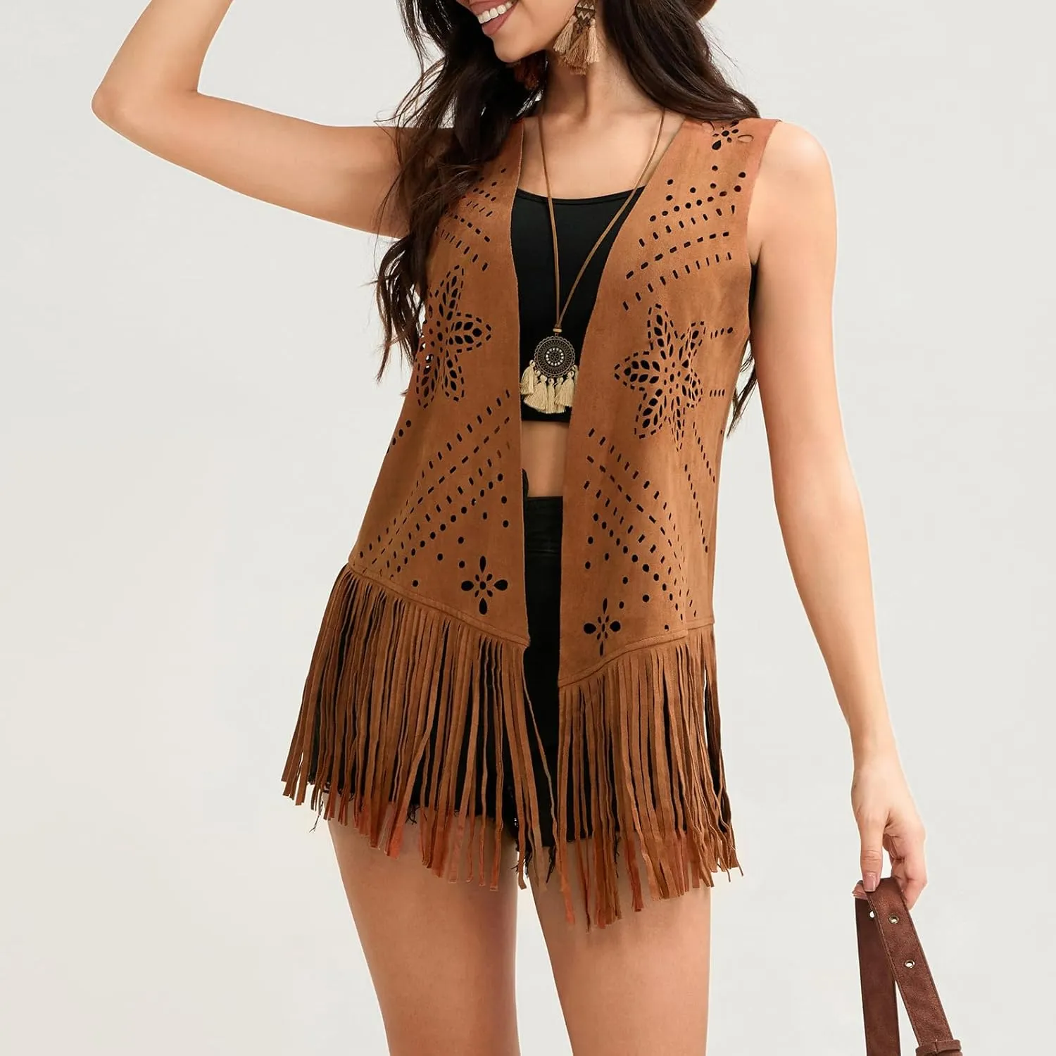 Women Vintage Western Fringe Vest Cowboy Cowgirl Clothes 70s Hippie Vest Tassel Country Concert Fringe Tops Shirts