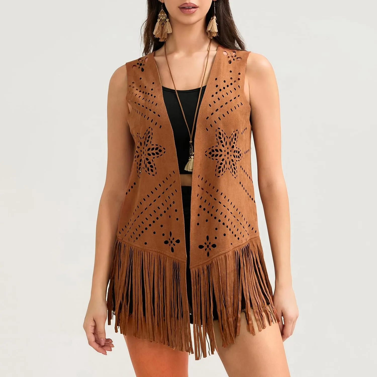 Women Vintage Western Fringe Vest Cowboy Cowgirl Clothes 70s Hippie Vest Tassel Country Concert Fringe Tops Shirts