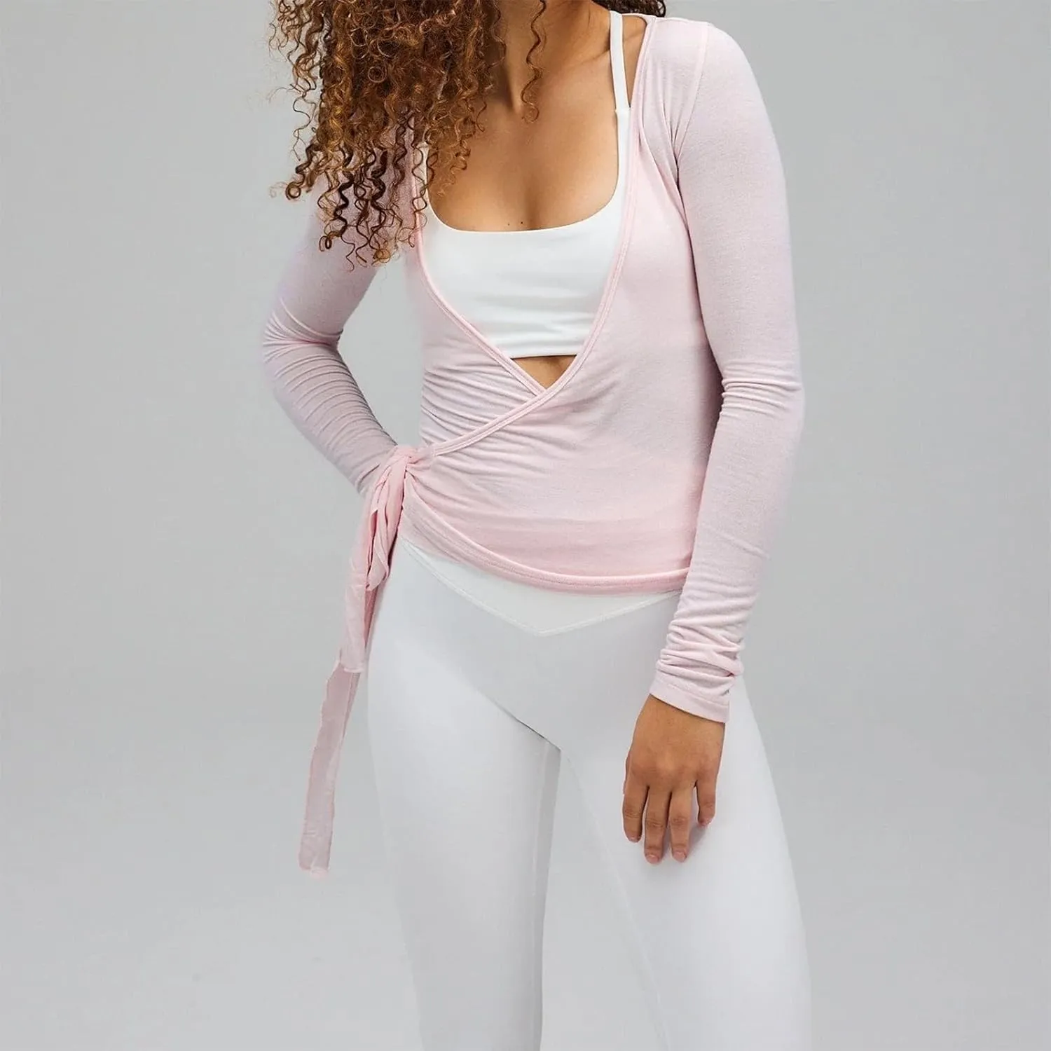 Women Wrap Yoga Shirts Long Sleeve Deep V Neck Tie Front Workout T Shirts Casual Slim Fit Sports Active Tops